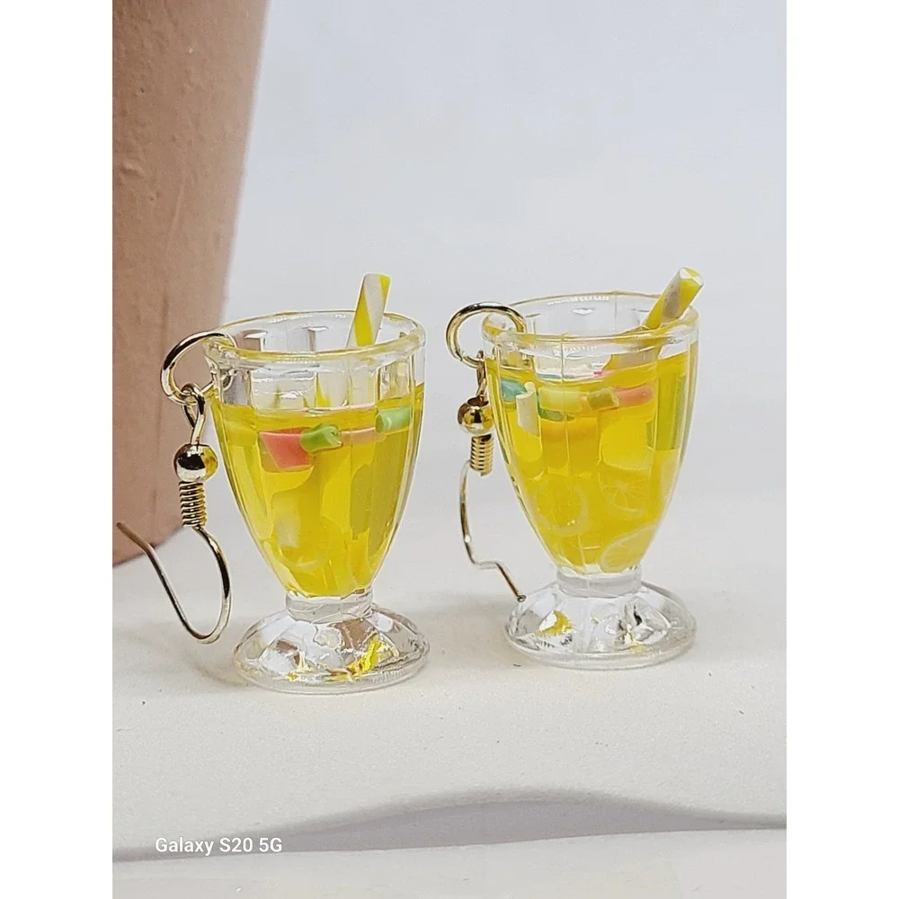 Handmade Yellow Lemonade Glass Drink Earrings Miniature Food Dangle Drops Summer